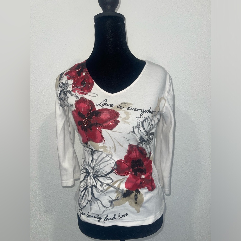 Floral Print Women's Top - White and Red